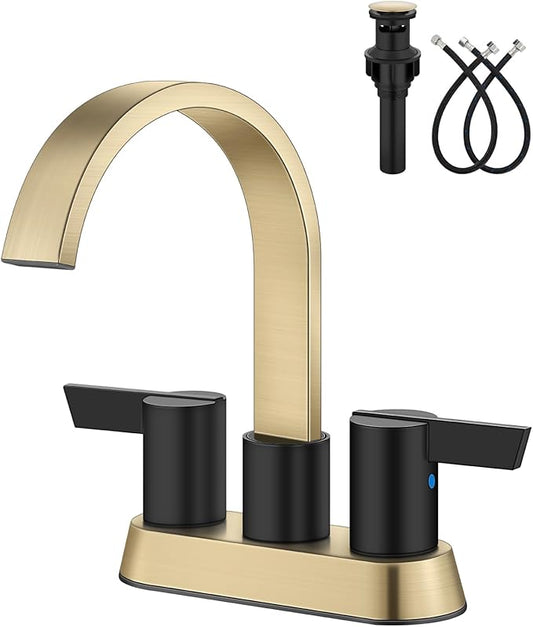 Aolemi Bathroom Faucets for Sink 3 Hole,4 Inch Centerset Waterfall Faucet 2 Handle for Bathroom Sink with Pop-Up Drain and Supply Lines Brushed Gold and Matte Black