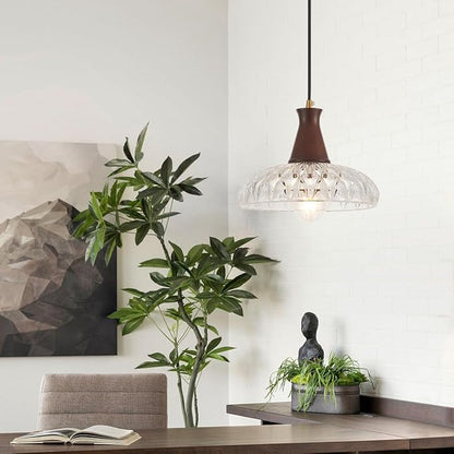 YLONG-ZS Glass Pendant Lights Kitchen Island,Modern Kitchen Hanging Pendant Ceiling Light,Vintage Walnut Wood Hanging Lamp for Bedroom Living Room Dining Room Restaurant Coffee Shop