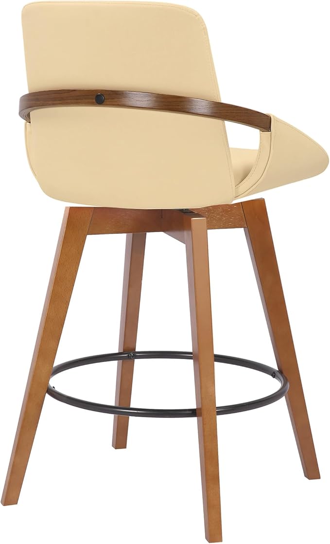 Armen Living Baylor Mid Century Modern Swivel Bar Stool for Kitchen Island Counter in Cream Faux Leather and Walnut Wood, 26" Seat Height