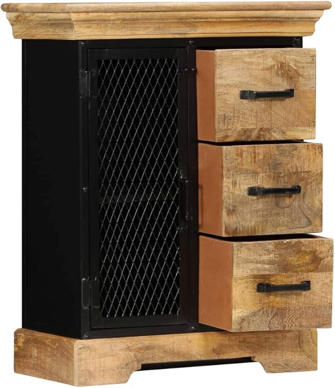 Solid Mango Wood Sideboard Cabinet, Brown and Black Industrial Finish, 23.6" Living Room Buffet with Storage, Polished Lacquered Surface Kitchen Furniture