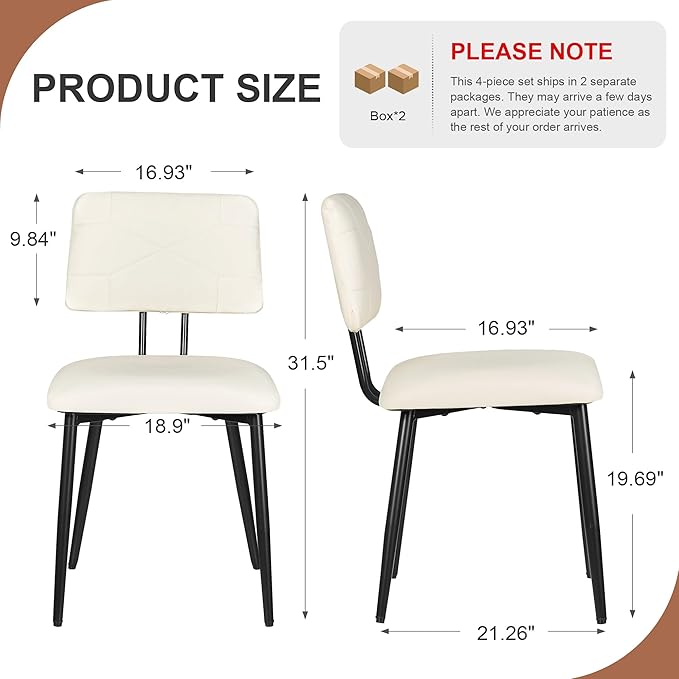 VECELO Dining Chairs Set of 4, Modern Upholstered Kitchen Chairs with Faux Leather Cushion Seat & Metal Legs for Kitchen, Living Room, Tufted Backrest Design, Beige