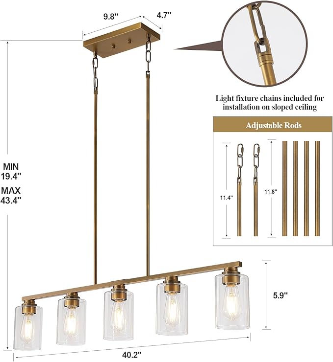 Mecgirn Island Light for Kitchen, Brushed Brass Dining Room Light Fixture Over Table, 5-Light Linear Chandelier Pendant Lighting for Dining Table Kitchen Island Living Room