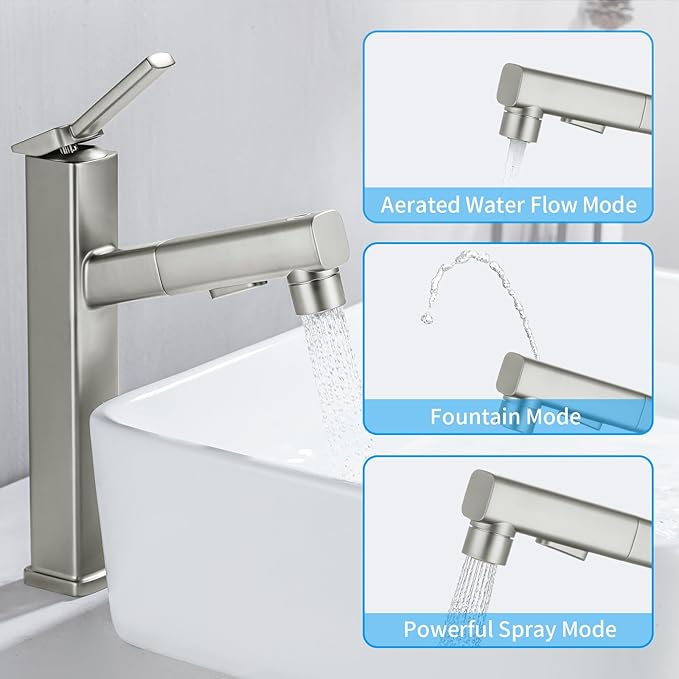 HANLIAN Single Hole Bathroom Pull Out Faucet with Rotating Spout, One Handle Faucet for Bathroom Sink, Modern Bathroom Faucet with Pull Down Sprayer, 3 Modes Vanity Faucets (Brushed Nickel, Tall)