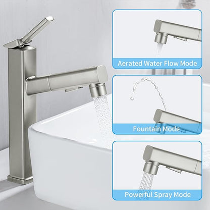 HANLIAN Single Hole Bathroom Pull Out Faucet with Rotating Spout, One Handle Faucet for Bathroom Sink, Modern Bathroom Faucet with Pull Down Sprayer, 3 Modes Vanity Faucets (Brushed Nickel, Tall)
