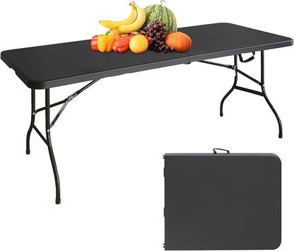 Portable 6Ft Plastic Folding Table, Heavy Duty 6ft Fold-in-Half Table with Carrying Handle, 6' Folding Utility Foldable Table for Picnic Party Camping Kitchen, Indoor/Outdoor (Black)