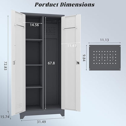 IRONFFICE Locking Cabinet,Metal Garage Storage Cabinets with 2 Doors,Garage Tool Storage Cabinets with 3 Adjustable Shelves,Lockable Storage Cabinet for Basement,Home Office,Grey-White
