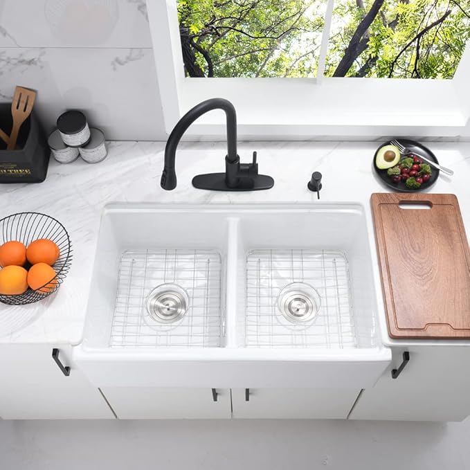 33 Inch Double Bowl White Farmhouse Sink Workstation-Bokaiya 33x20 Fireclay Apron Front White Porcelain Ceramic Reversible 50/50 Double Bowl Farm Sink with Accessories