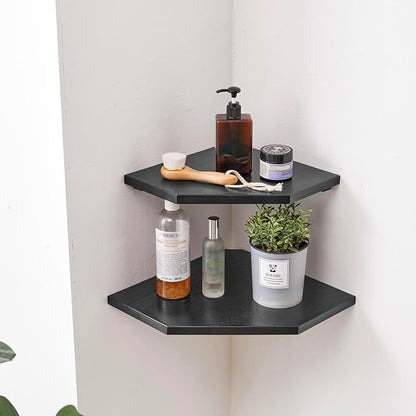 Corner Shelf Wall Mount, Set of 2 Solid Oak Wood Floating Corner Shelves with Wire Hole Display Shelf with Wire Hole Small Plant Display for Kitchen Living Room Bedroom Black