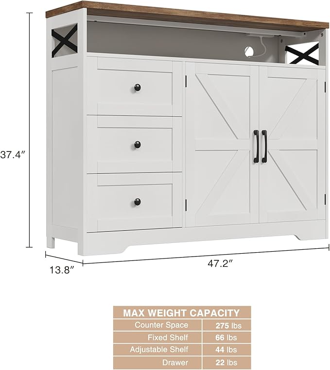 Befrases Farmhouse Buffet Cabinet with Drawers & Open Shelf, Sideboard with Storage, Kitchen Pantry Cabinet Hutch, Coffee Bar Station for Kitchen, Livingroom, 47" L White