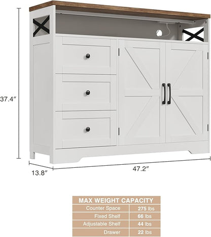 Befrases Farmhouse Buffet Cabinet with Drawers & Open Shelf, Sideboard with Storage, Kitchen Pantry Cabinet Hutch, Coffee Bar Station for Kitchen, Livingroom, 47" L White