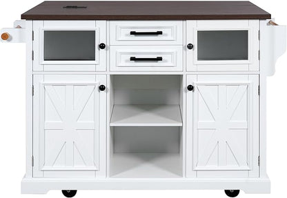 54.9" Kitchen Island with Drop Leaf and Drawers, Rolling Kitchen Cart with Shelves and Storage Cabinet, Kitchen Prep Table on Wheels with Power Outlet and Cross Barn Doors & Visual Glass Door White