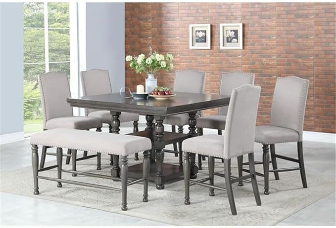 BOWERY HILL Counter Height Chair Set of 2, Harbor Gray Finish, Light Stone Fabric, 20" W x 24" D x 45" H, Shield Back with Nailhead Trim, Turned Legs, Stretchers, Kitchen Island or Bar Seating