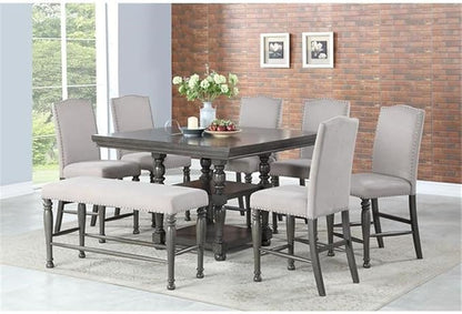 BOWERY HILL Counter Height Chair Set of 2, Harbor Gray Finish, Light Stone Fabric, 20" W x 24" D x 45" H, Shield Back with Nailhead Trim, Turned Legs, Stretchers, Kitchen Island or Bar Seating
