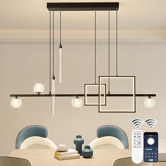 ORANOOR Modern LED Pendant Lights, 47in Dimmable Linear LED Chandelier Lighting, Square Black & Gold Dining Room Hanging Light Fixtures Kitchen Island Globe Pendant Light for Dining Table (4200lm)