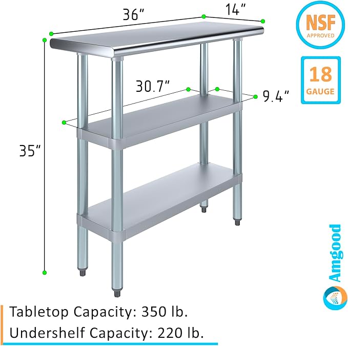 Stainless Steel Work Table with 2 Shelves | Kitchen Island Food Prep | Laundry Garage Utility Bench | NSF Certified (36" Long x 14" Deep)
