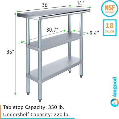 Stainless Steel Work Table with 2 Shelves | Kitchen Island Food Prep | Laundry Garage Utility Bench | NSF Certified (36" Long x 14" Deep)