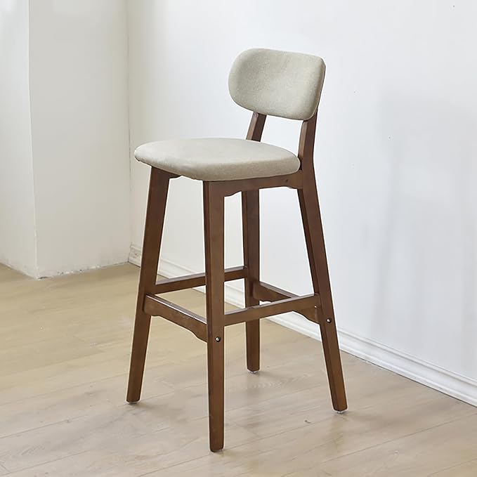 28" Counter Height Stools Set of 2, Farmhouse with Curved Back Solid Wood Legs, Linen Kitchen Island Dining Chairs,Walnut-Set of 2