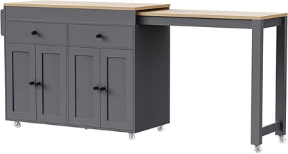 Ball & Cast 75" Kitchen Island with Extendable Dining Table,Rolling Dining Islands Cart On Wheels W/Spice Rack & 2 Drawers,Mobile Storage Kitchen Cart W/ 4 Door Cabinet,for Kitchen,Dining Room,Grey