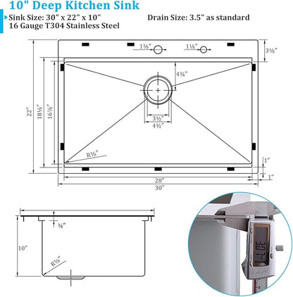 30 Inch Drop In Kitchen Sink, 30x22 Single Bowl Stainless Steel Kitchen Sink Drop in Workstation 16 Gauge Handmade with Cutting Board
