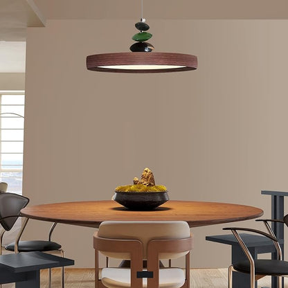 Mikeru Modern Pendant Lights, 15.8" Wood Grain Finish Pendant Lighting Fixture with Remote Control Dimmable 3 Color Mode & Brightness Mid Century Island Light Fixture for Dining Room,Living Room