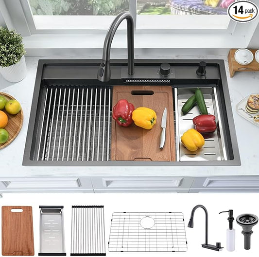 33 Inch Black Waterfall Drop In Kitchen Sink Workstation -Bokaiya 33x19 Black Stainless Steel Smart Sink with Faucet Combo 16 Gauge 10" Deep Top Mount Single Bowl Modern Kitchen Sink