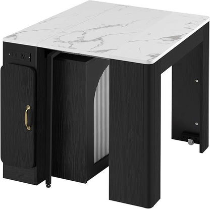 Extendable Dining Table with 3 Removable Middle Leaves - Mobile Rolling Island Table with Power Outlet, Saving-Space Cabinet for Dining and Living Rooms (Black and Marble White)
