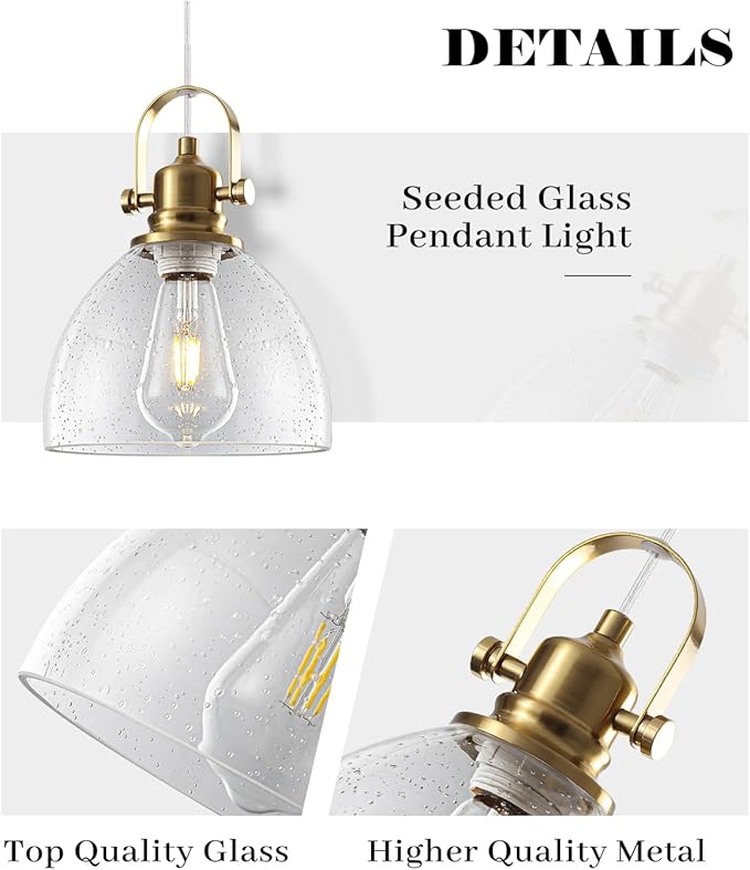 Gold Glass Pendant Lights Kitchen Island, 7.5" Blown Glass Pendant Light, Gold Modern Pendant Lights 1-Pack, Kitchen Hanging Lights for Kitchen Island, Dining Room, Bathroom, Cafe