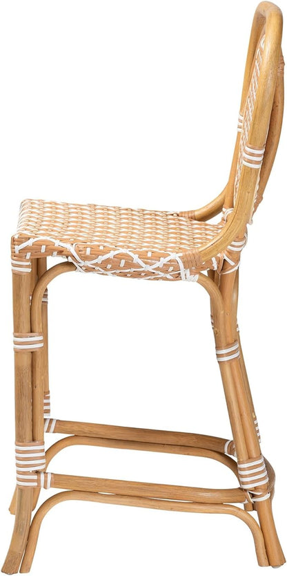 Bali & pari Mattie Rattan Bistro Counter Stool - Handwoven Accent Seating with Backrest for Kitchen Island or Indoor/Outdoor Lounge, Honey Natural & White