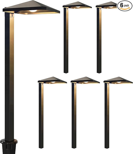 GKOLED 6 Pack UL Listed Low Voltage Pathway Lights, 12V 3W 140LM 3000K Waterproof LED Landscape Lighting, for Outdoor Walkway, Sidewalk, Driveway, with Large Stake, Die-cast Aluminum Housing, Black