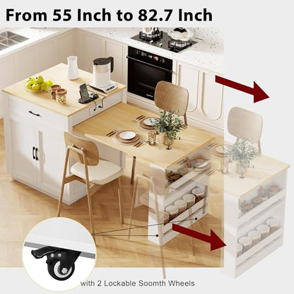 JIJIWANG 82.7 inch Kitchen Island with Extendable Dining Table for 4-6 Person,Two-Tone Kitchen Table with Double-Sized Storage, Power Outlet, with Storage 2 Drawers 2 Side Open Shelves,White