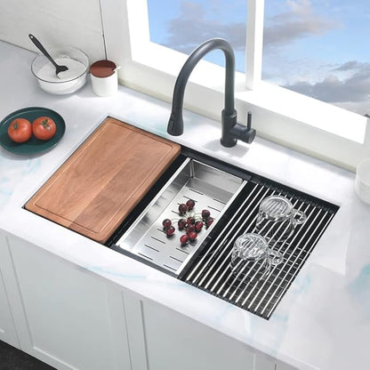 30 Inch Undermount Kitchen Sink Black Stainless Steel Deep Commercial 16 Gauge Single Bowl Undermount Workstation Sink
