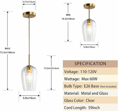 Clear Glass Lampshade Chandelier, Kitchen Ceiling Hanging Lamp Island Light, 5.9" Mini Brushed Gold Modern Pendant Lighting Fixture for Dining Living Room, Entryway