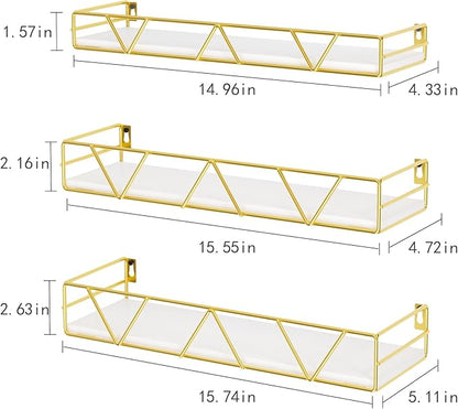 Amaoot Floating Shelves Set of 3, Home Wood Wall Shelf, Farmhouse Shelf for Bedroom, Wall Mounted Floating Shelf for Living Room, Bedroom, Bathroom, Kitchen, Office (Gold)