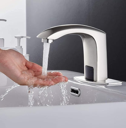Automatic Sensor Touchless Bathroom Faucet Brushed Nickel Motion Actived Solid Brass Bathroom Sink Faucet with Hole Cover Plate Hands Free Vanity Faucets Deck Mount