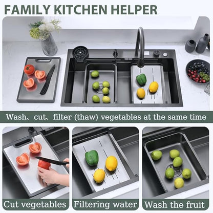 Black Kitchen Sink, 32 Inch Nano Stainless Steel Waterfall, Countertop Workstation Single Sink Set & Accessories, for Countertop, Kitchen, Bar (BLACK, 32IN)