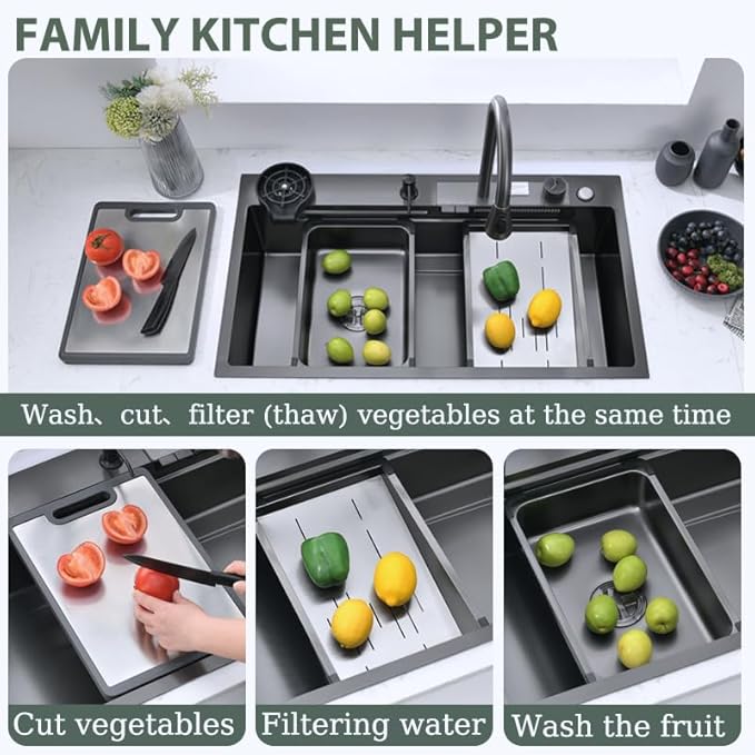 Black Kitchen Sink, 34 Inch Nano Stainless Steel Waterfall, Countertop Workstation Single Sink Set & Accessories, for Countertop, Kitchen, Bar (BLACK, 34IN)