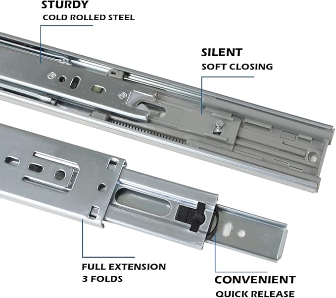 Gobrico 12 inch Drawer Slides 2 Pair，Soft Close Drawer Slides 3 Fold, Cabinet Drawer Slides Full Extension Drawer Slides, Heavy Duty Slide Rails, Side Mount Ball Bearing Tracks Guide Drawer Glides