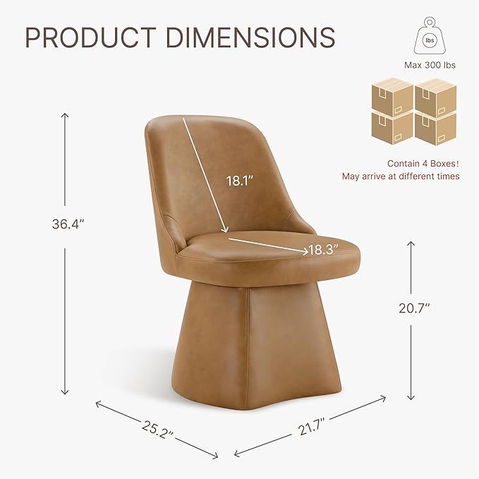 KISLOT Swivel Dining Chairs Set of 4, Upholstered Mid Century Modern Deskchair with High Back, Faux Leather Kitchen Chairs for Dining Room, Bedroom, Dressing Room, Brown