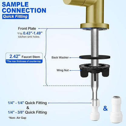 Drinking Water Faucet - Long Thread Stem Filtered Water Tap for Thick Countertop,Lead-Free RO Faucet with Hose and Quick Connect Fittings(Matte Gold-Flat Top)