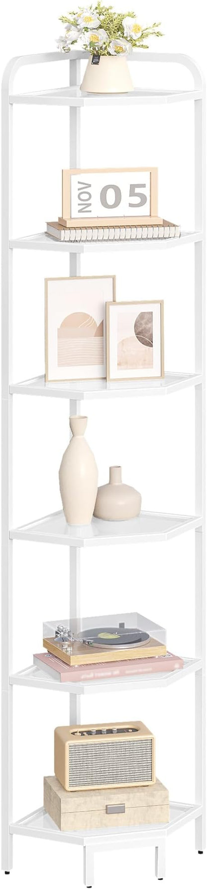 Hzuaneri Corner Shelf Stand,6-Tier Glass Bookshelf Bookcase, Bathroom Organizer, Plant Stand, Steel Frame, Tempered Glass, Modern Style for Living Room, Bathroom, Kitchen, White CS90613W
