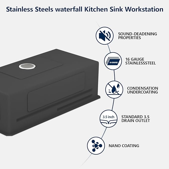 Logmey 33" Undermount Waterfall Sink with Pull-out Faucet & Temperature Control Knob,Nano PVD 33x17 Double Step Workstation Kitchen Sink,16 Gauge All in One Single Bowl Sinks