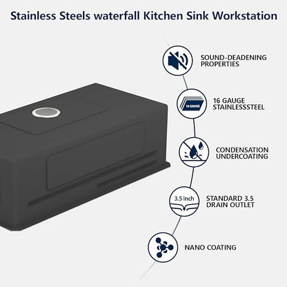 Logmey 33" Undermount Waterfall Sink with Pull-out Faucet & Temperature Control Knob,Nano PVD 33x17 Double Step Workstation Kitchen Sink,16 Gauge All in One Single Bowl Sinks