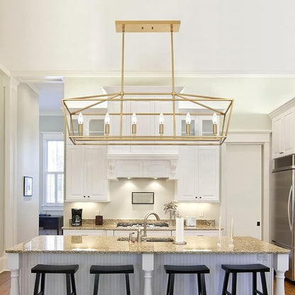 Modern Kitchen Island Lighting,6-Light Linear Farmhouse Chandelier Industrial Pendant Light Fixtures with Gold Metal Frame for Bar, Dining Room, Living Room,Restaurant,Foyer