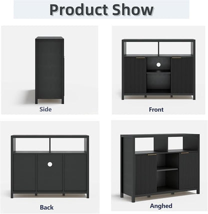 FONTOI Sideboard Buffet Cabinet, Thicken Wood Storage Cabinet with 4 Large Open Shelf, Farmhouse Cabinet with 2 Fluted Doors, Modern Accent Cabinet for Living Room, Kitchen, Entryway, Black