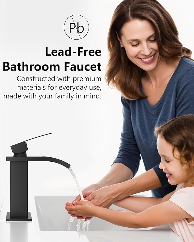 Waterfall Bathroom Faucet 1 Hole, Single Hole Bathroom Faucet, Single Handle Vanity Sink Faucet with Deck Plate, Pop-up Drain & Supply Lines, Matte Black