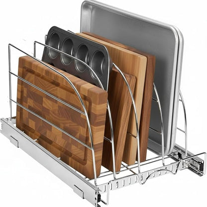 HOLDN’ STORAGE Pull Out Organizer for Bakeware, Cutting Board and Trays, Adjustable Dividers - Heavy Duty, Lifetime Limited Warranty - For Narrow Cabinet Spaces, 10.5”W x 21”D x 11”H, Chrome