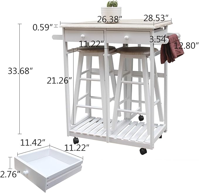 Foldable Space Saver Kitchen Island Trolley Cart with 2 Stools and 2 Drawers Dining Table Set Solid Wood Drop Leaf Table, Ideal for Home, Kitchen and Dining Room, Breakfast Table (White A)