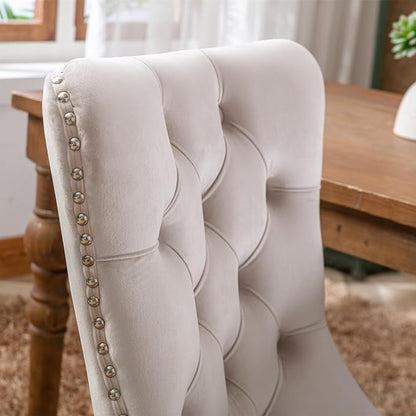 INCLAKE Dining Chairs Set of 2, Velvet Upholstered Dining Room Side Chairs with Button Tufted Back, Nailhead Trim & Wooden Legs, Modern Counter Height Bar Stools for Home Kitchen Island, Beige