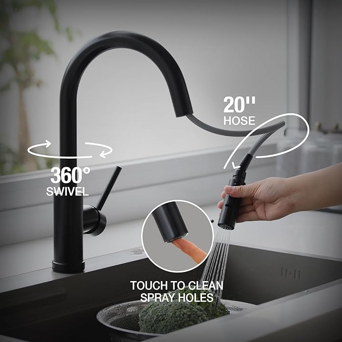 Lava Odoro Matte Black Kitchen Faucet with Pull Down Sprayer, Modern Kitchen Sink Faucet Single Hole Black Faucet for Kitchen Sink with 2-Function Spray Head, Deck Plate Included, KF1120-MB