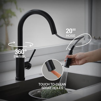 Lava Odoro Matte Black Kitchen Faucet with Pull Down Sprayer, Modern Kitchen Sink Faucet Single Hole Black Faucet for Kitchen Sink with 2-Function Spray Head, Deck Plate Included, KF1120-MB